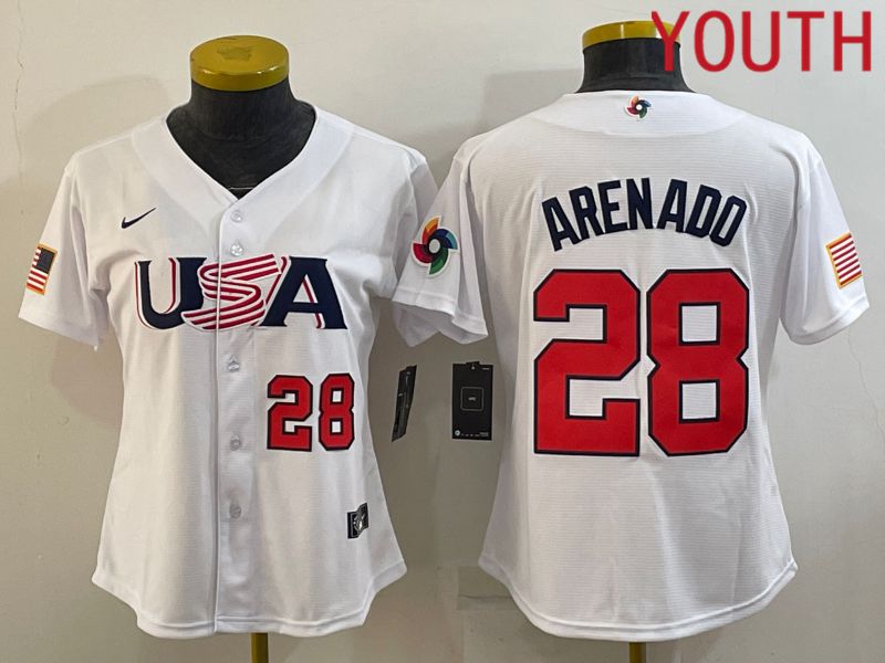 Youth 2023 World Cub USA #28 Arenado White MLB Jersey3